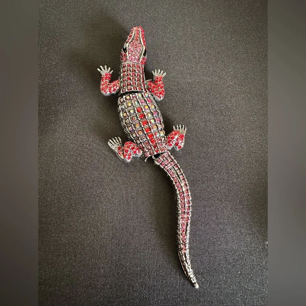 Red Rhinestone Alligator Figure Brooch